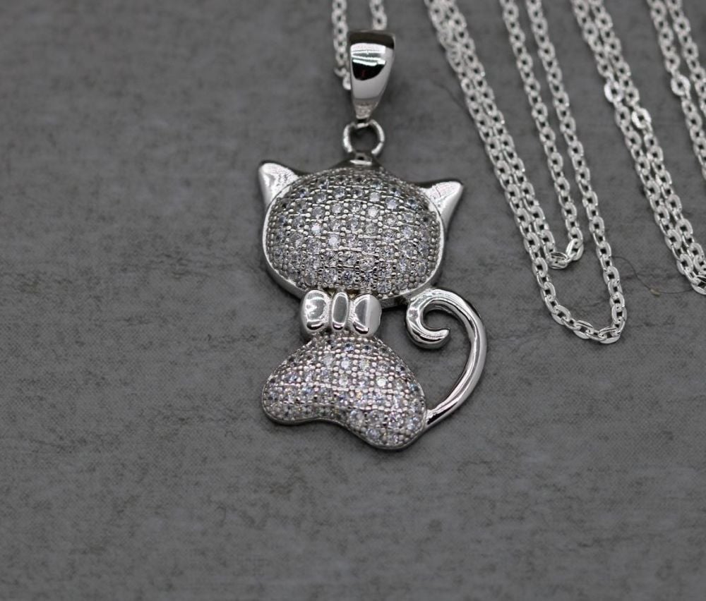 Sterling silver cat necklace encrusted with clear stones