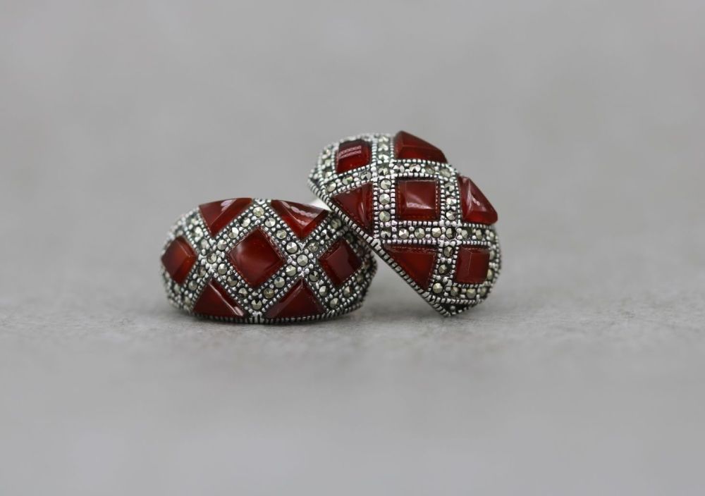 Sterling silver, carnelian & marcasite earrings