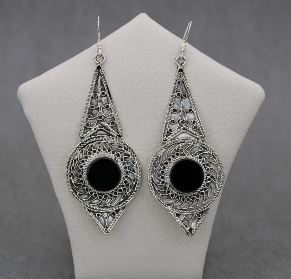 Large ornate sterling silver & black stone earrings