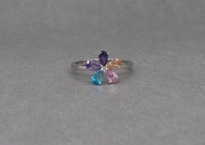Sterling silver & multi-colour stone flower cluster ring