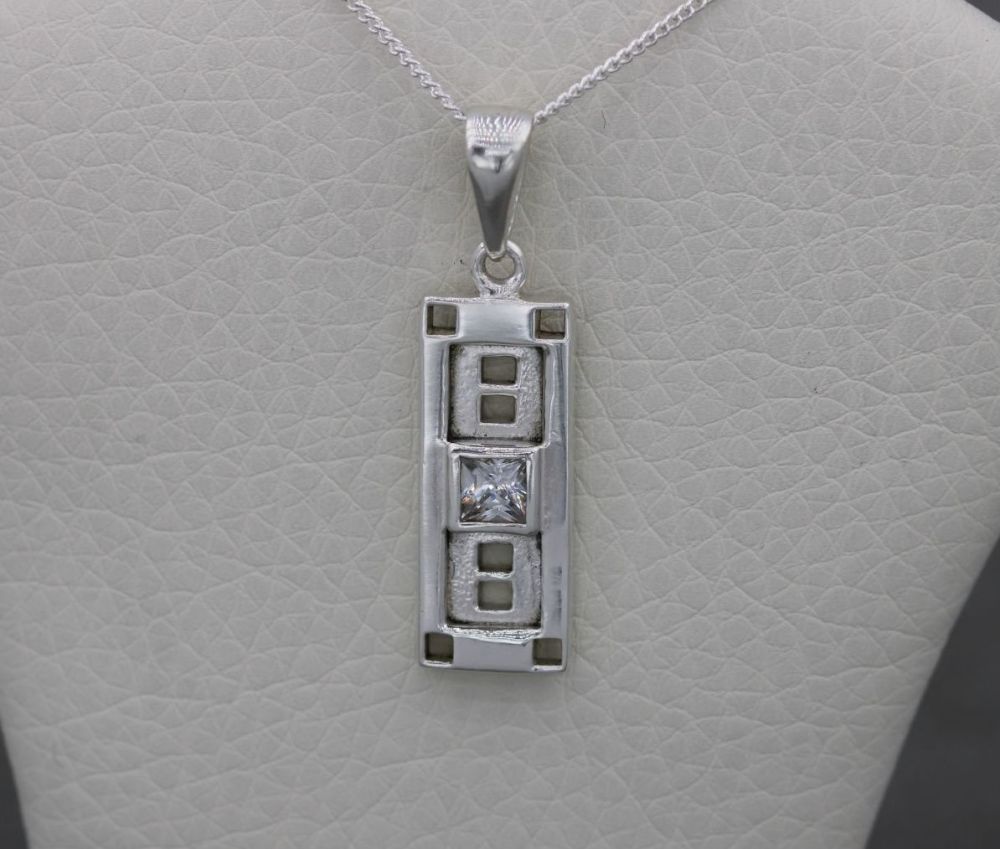 REFURBISHED Sterling silver shadow box necklace with a clear square stone