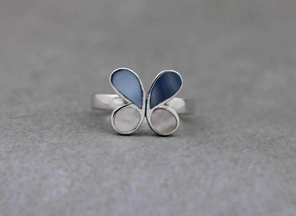 Sterling silver butterfly ring with mother of pearl inlaid wings