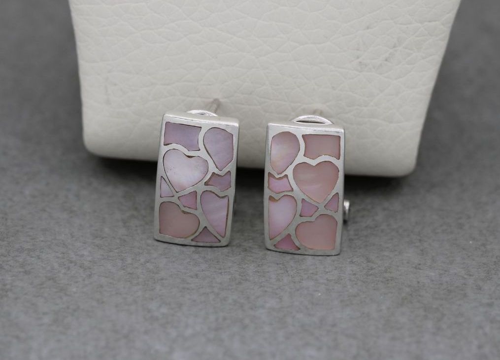 Sterling silver & pink mother of pearl heart design earrings