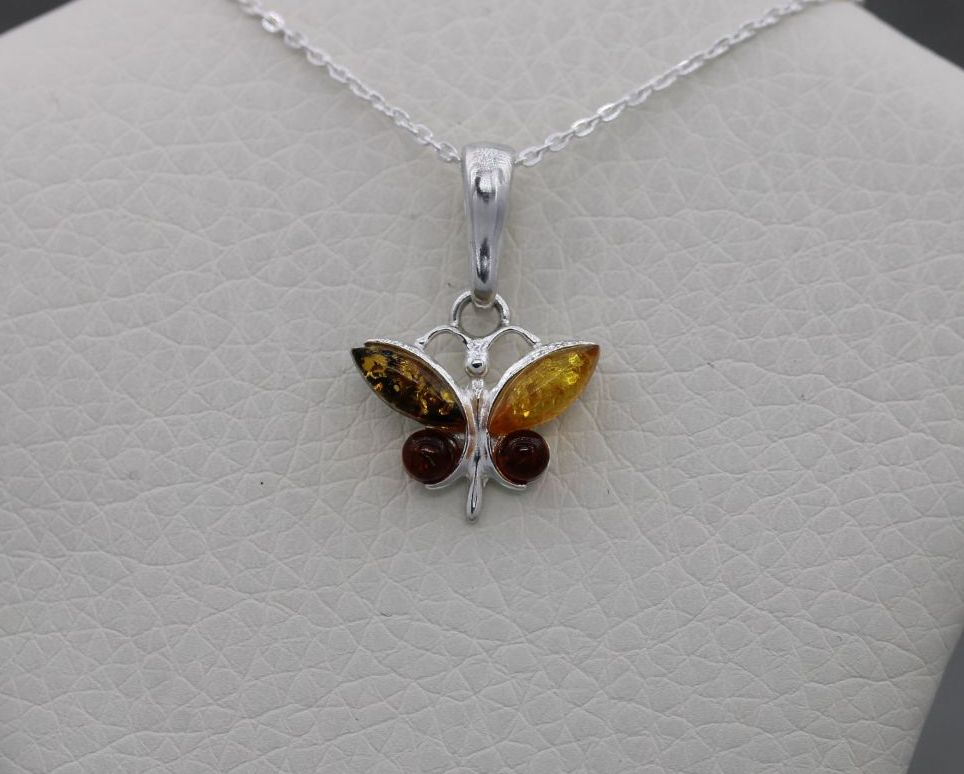 Small sterling silver & pressed multi-amber butterfly necklace