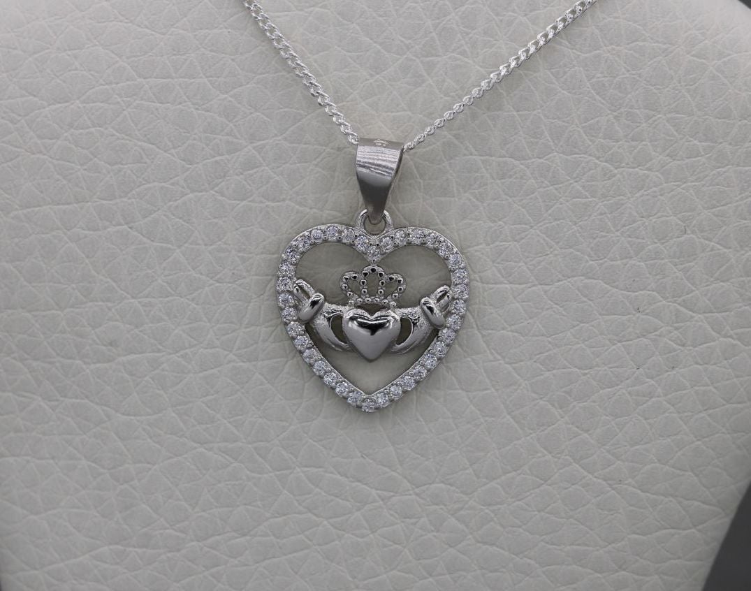 Small sterling silver & clear stone heart claddagh necklace