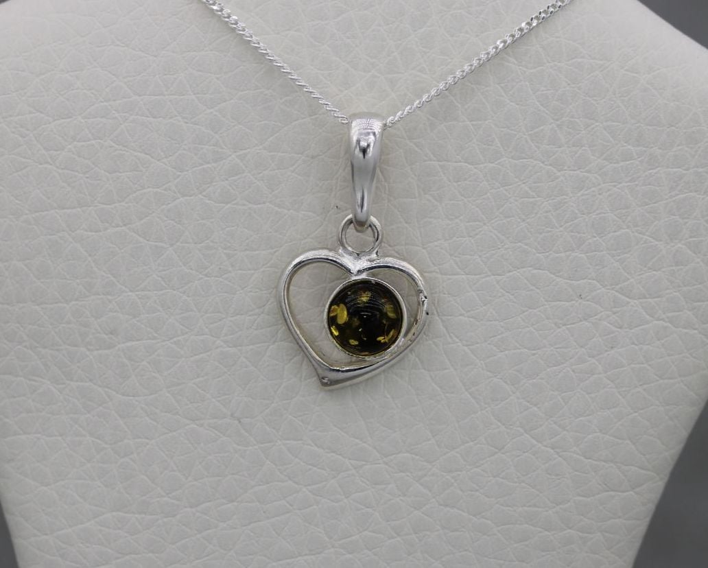 Small sterling silver & pressed amber heart necklace