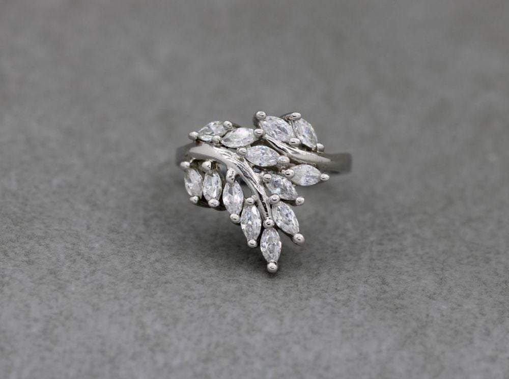 Sterling silver & clear stone floral spray ring