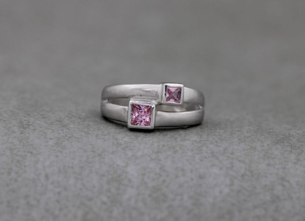 Matt finish sterling silver ring with pink square stones