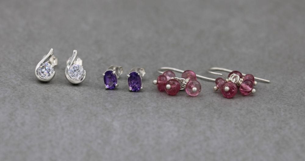 3 x pairs of sterling silver earrings; pink bead clusters, amethyst & clear