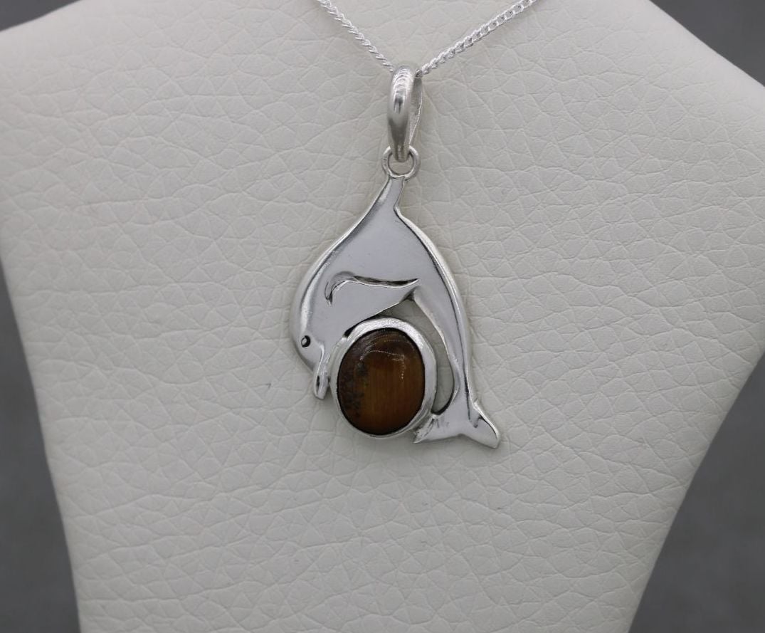 Sterling silver & tiger's eye dolphin necklace