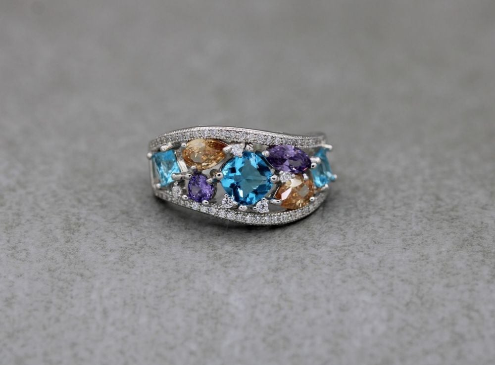 Graduated sterling silver ring with multi-colour stones (R)