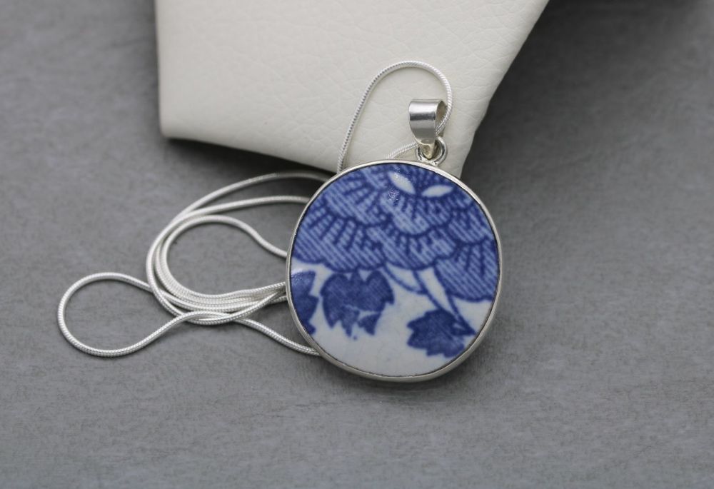 Handmade sterling silver & blue and white china necklace