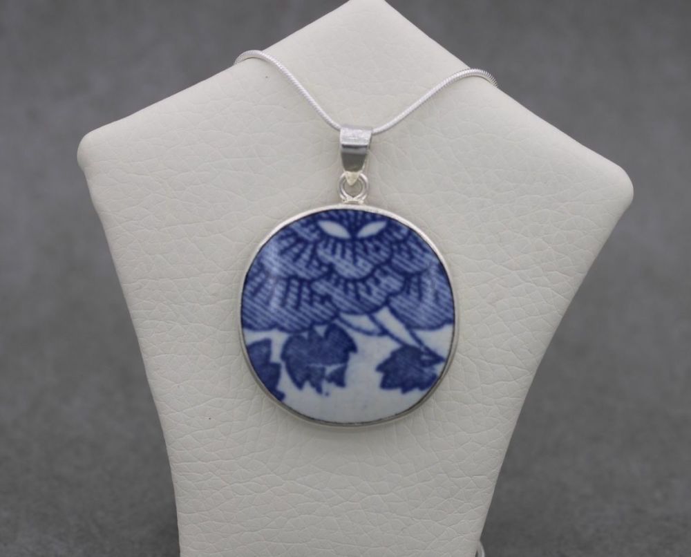 REFURBISHED Sterling silver & blue and white china necklace