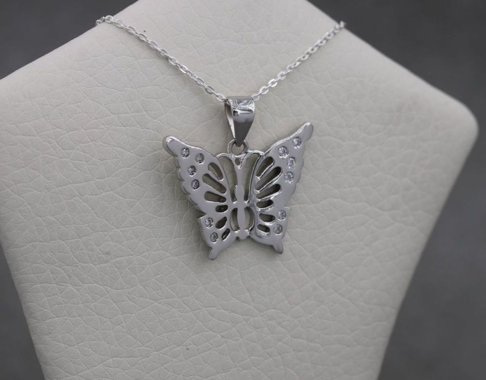 Sterling silver butterfly necklace with clear stone detail