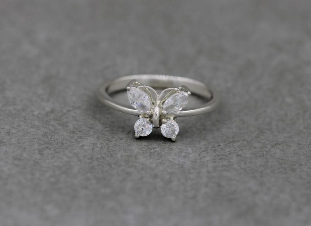 Sterling silver butterfly ring with clear stone wings