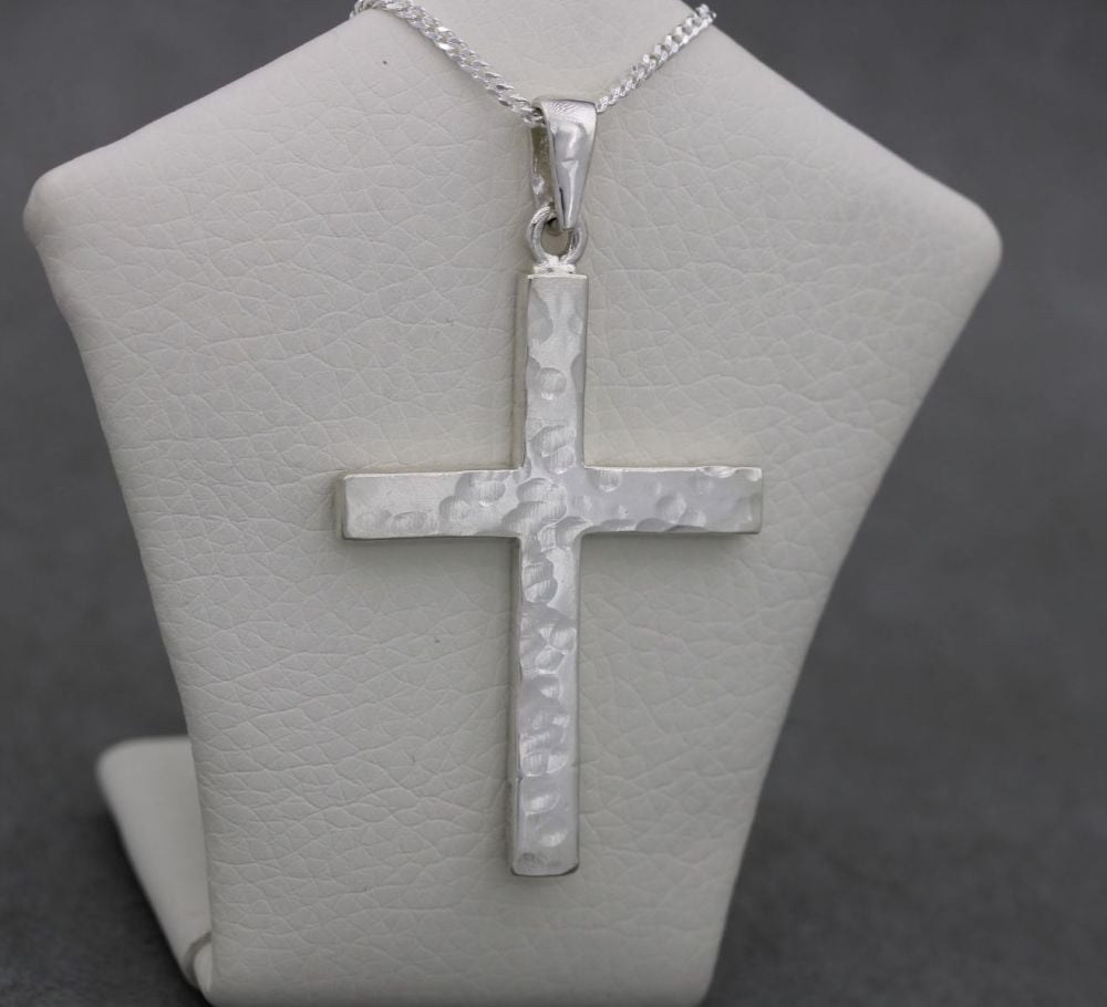 Large solid sterling silver hammered cross necklace