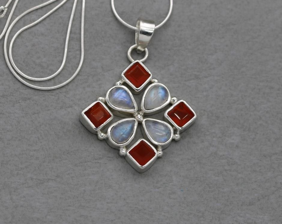 Sterling silver, moonstone & carnelian necklace