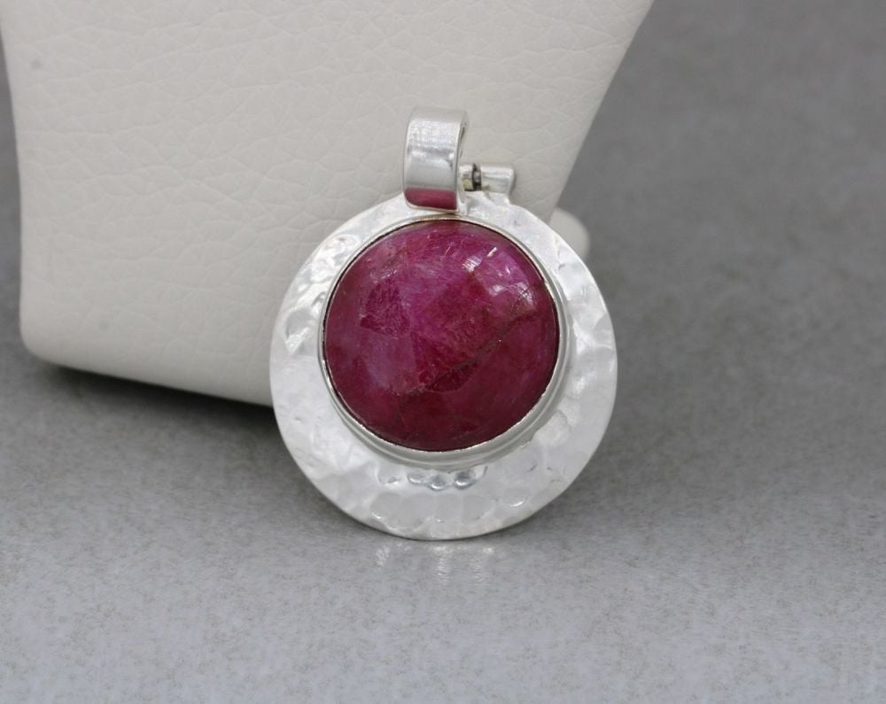 Chunky hammered sterling silver & rough cut ruby pendant