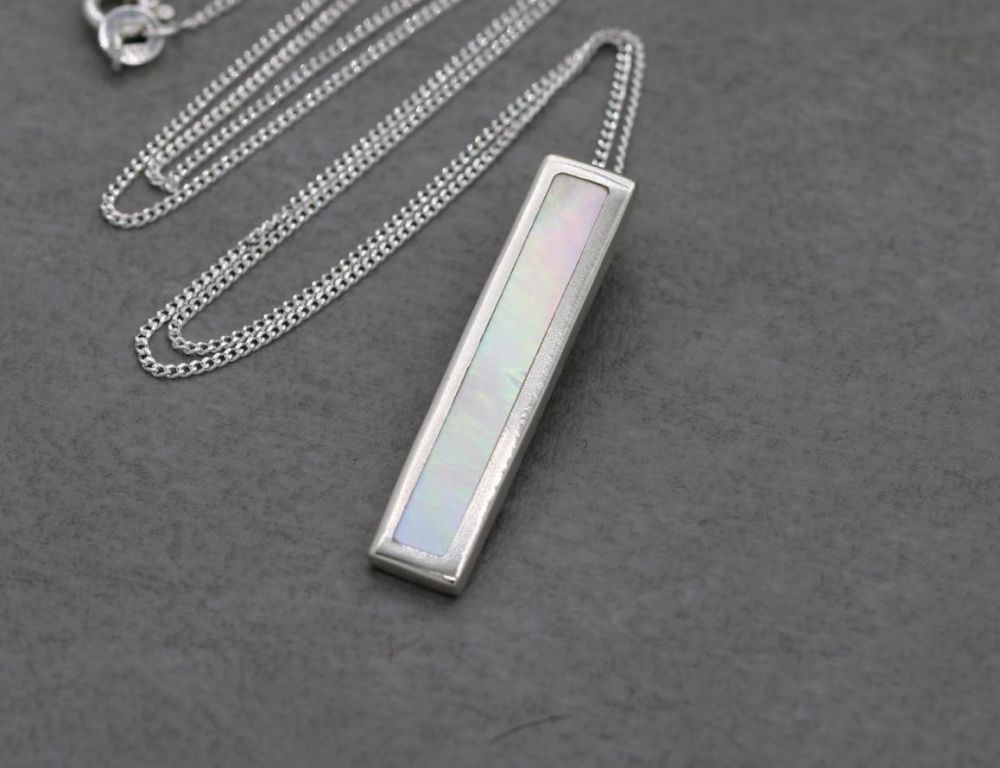 Long rectangular sterling silver & mother of pearl necklace