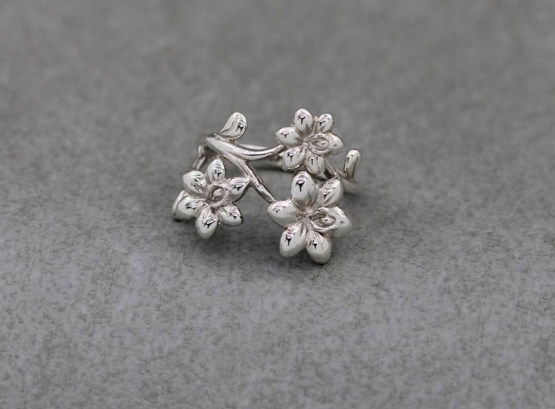 Layered asymmetric sterling silver flower ring