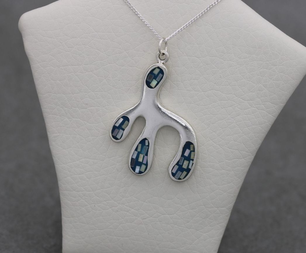 Unusual sterling silver necklace with mosaic inlay