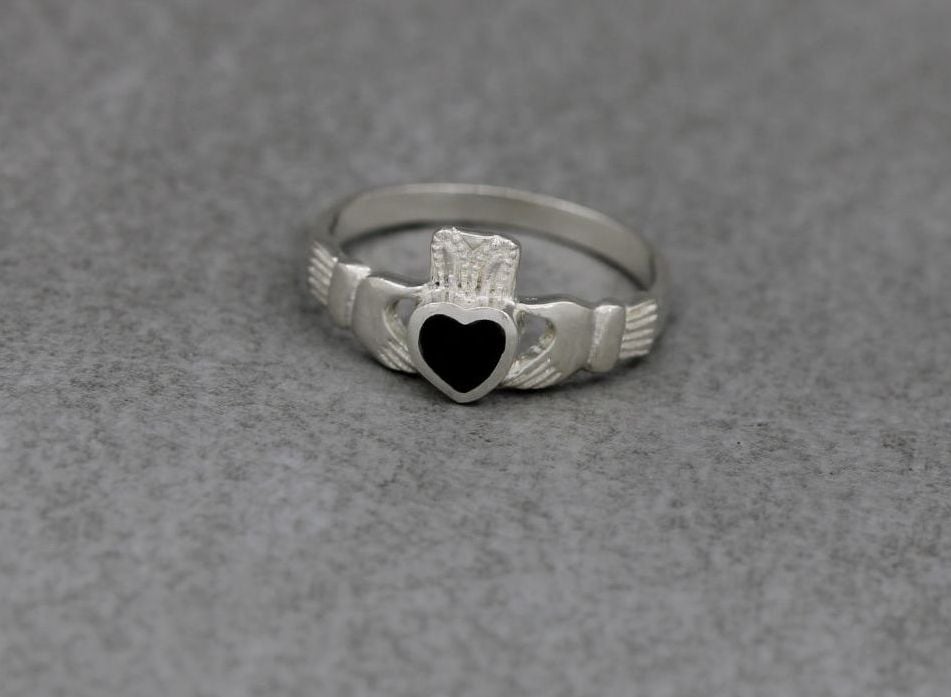 Sterling silver & black onyx heart claddagh ring
