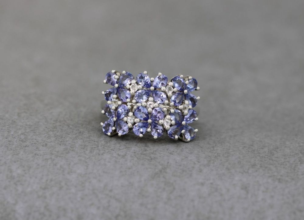 Sterling silver & iolite floral cluster ring
