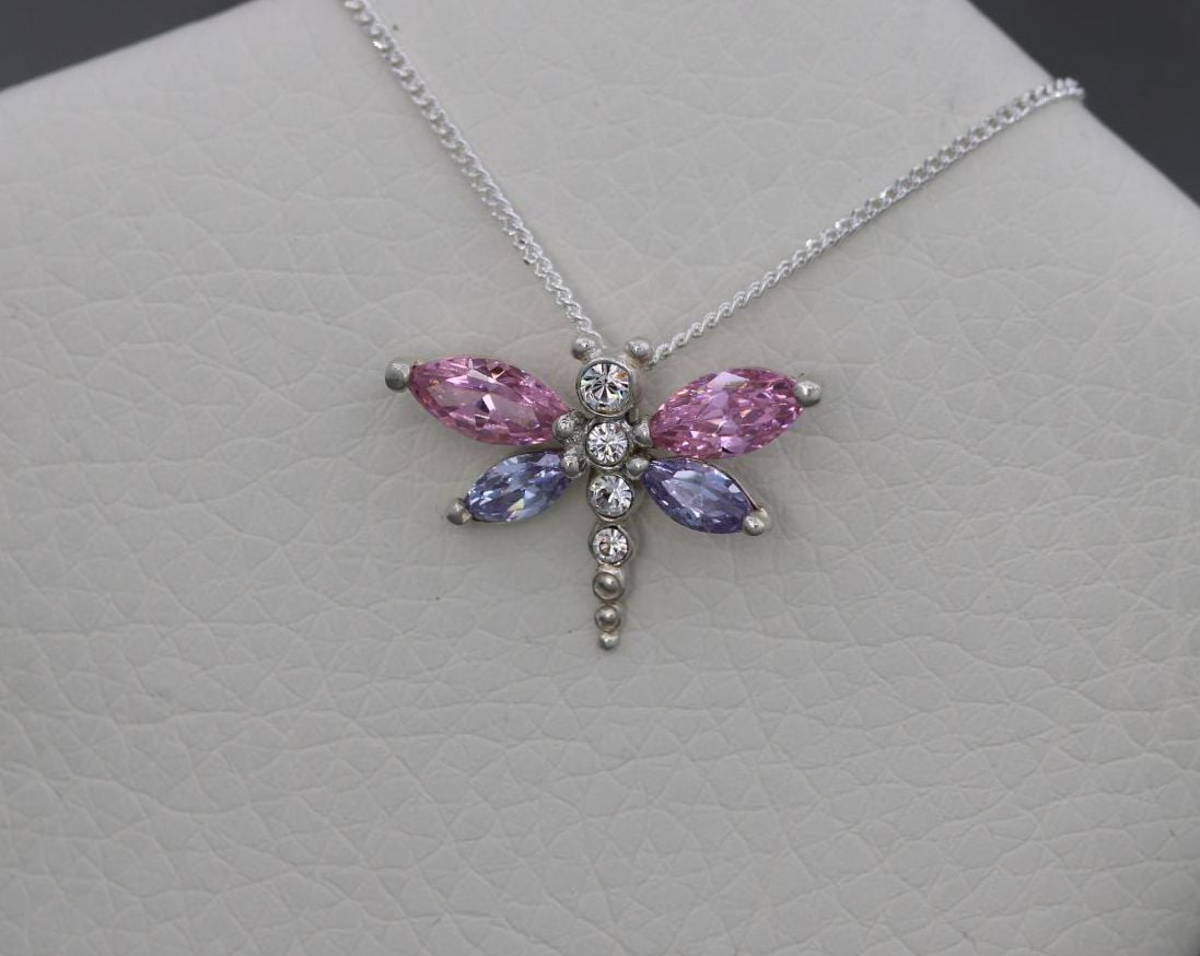 Small sterling silver dragonfly necklace with pink & purple stones