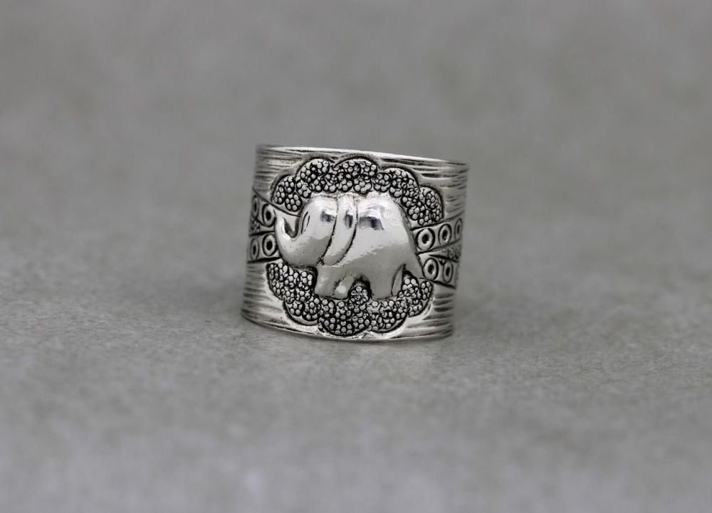 Wide sterling silver adjustable elephant ring