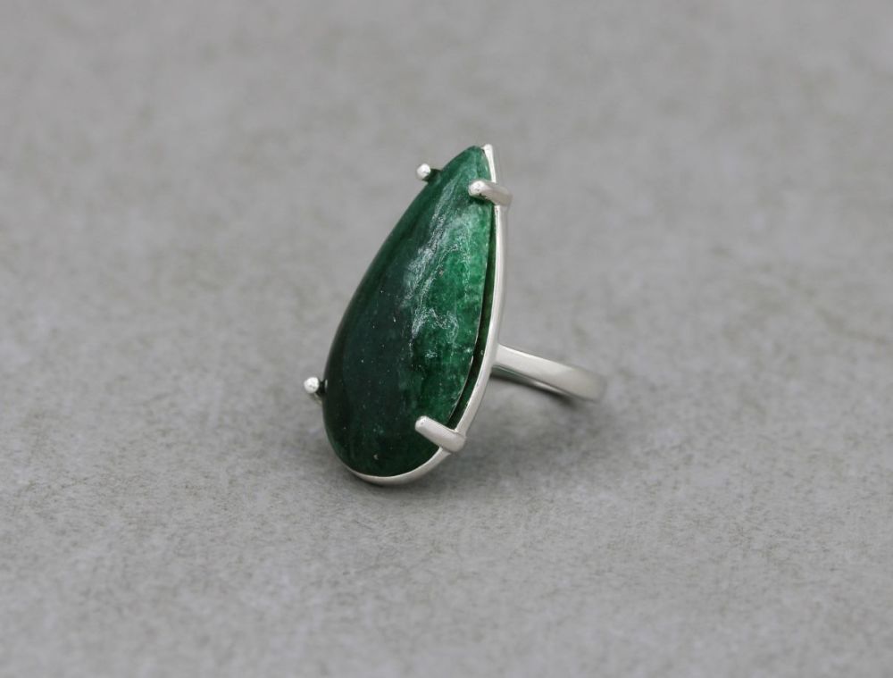 Long sterling silver & aventurine teardrop ring