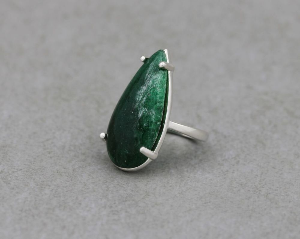 Long sterling silver & aventurine teardrop ring