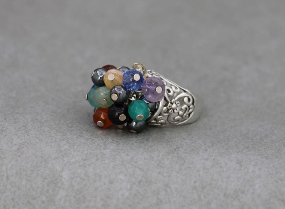 Bold sterling silver & multi-gem bead cluster ring