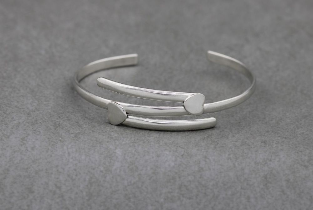 Handmade sterling silver layered effect cuff with hearts