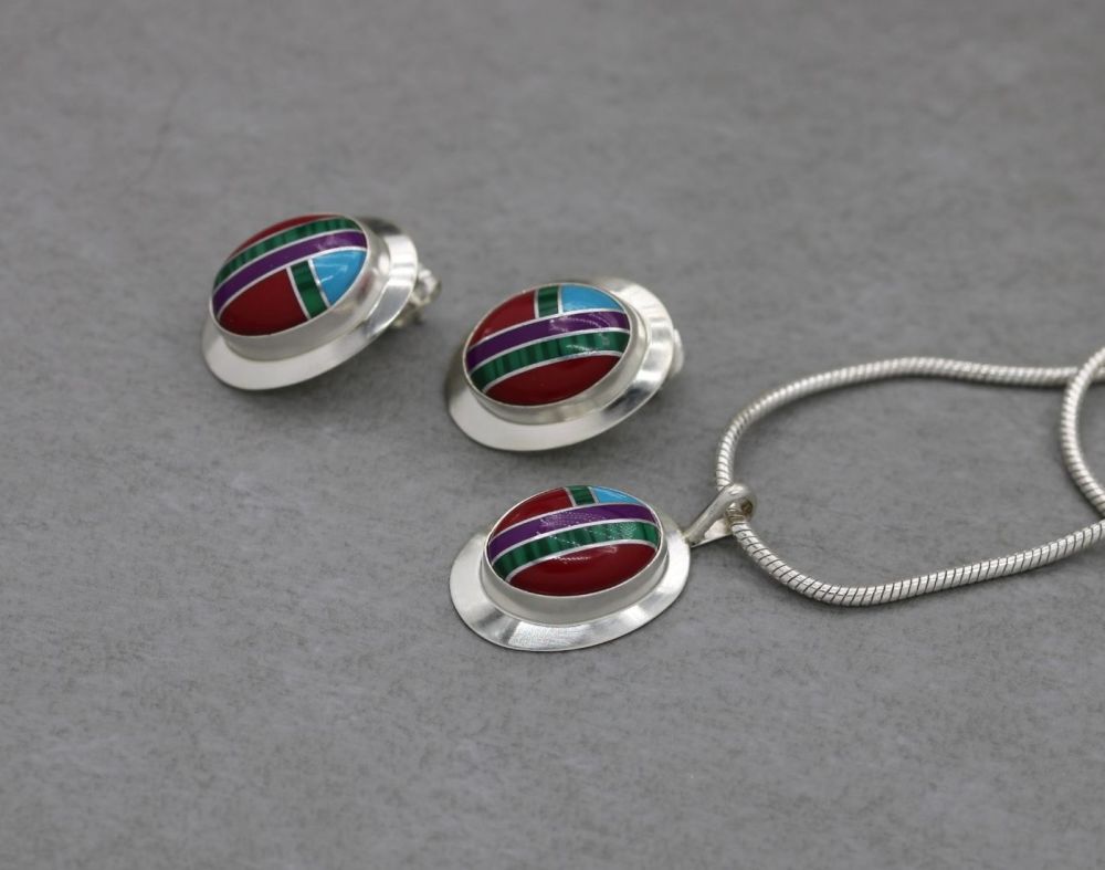 REFURBISHED South western sterling silver inlaid necklace & earring set
