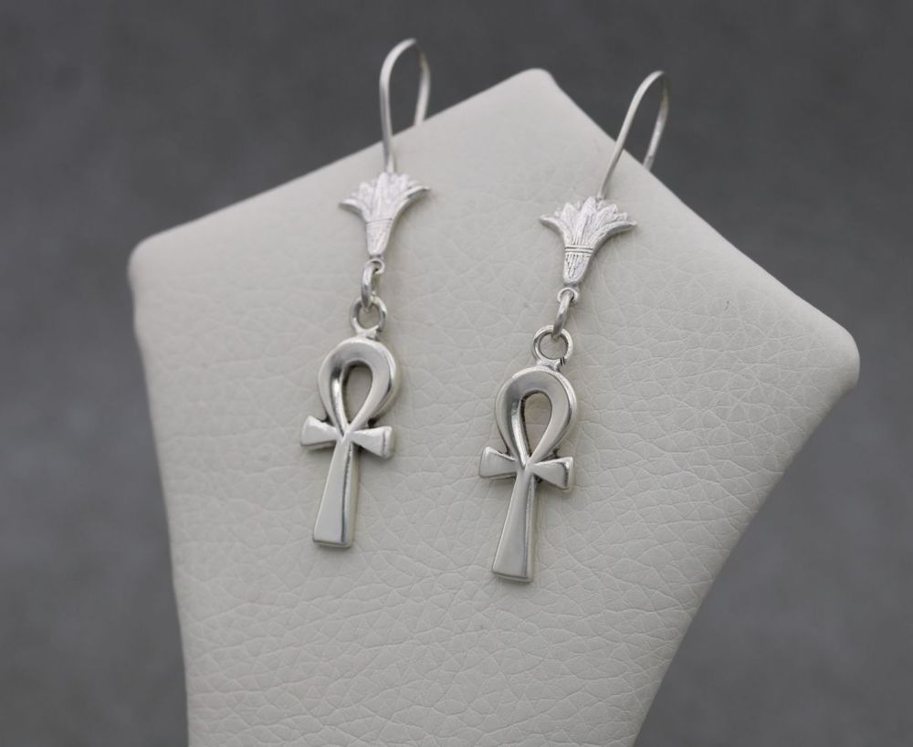 Egyptian 800 silver ankh & lotus flower drop earrings