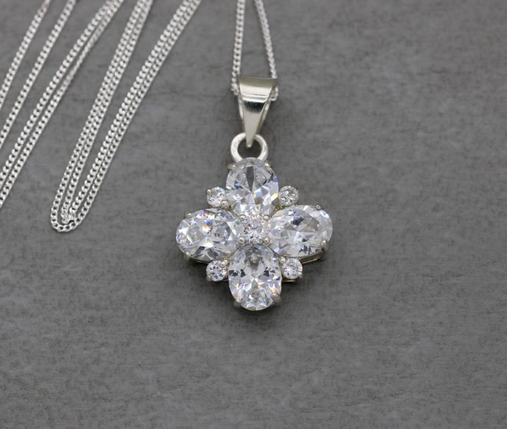 Sterling silver & clear stone floral cluster necklace