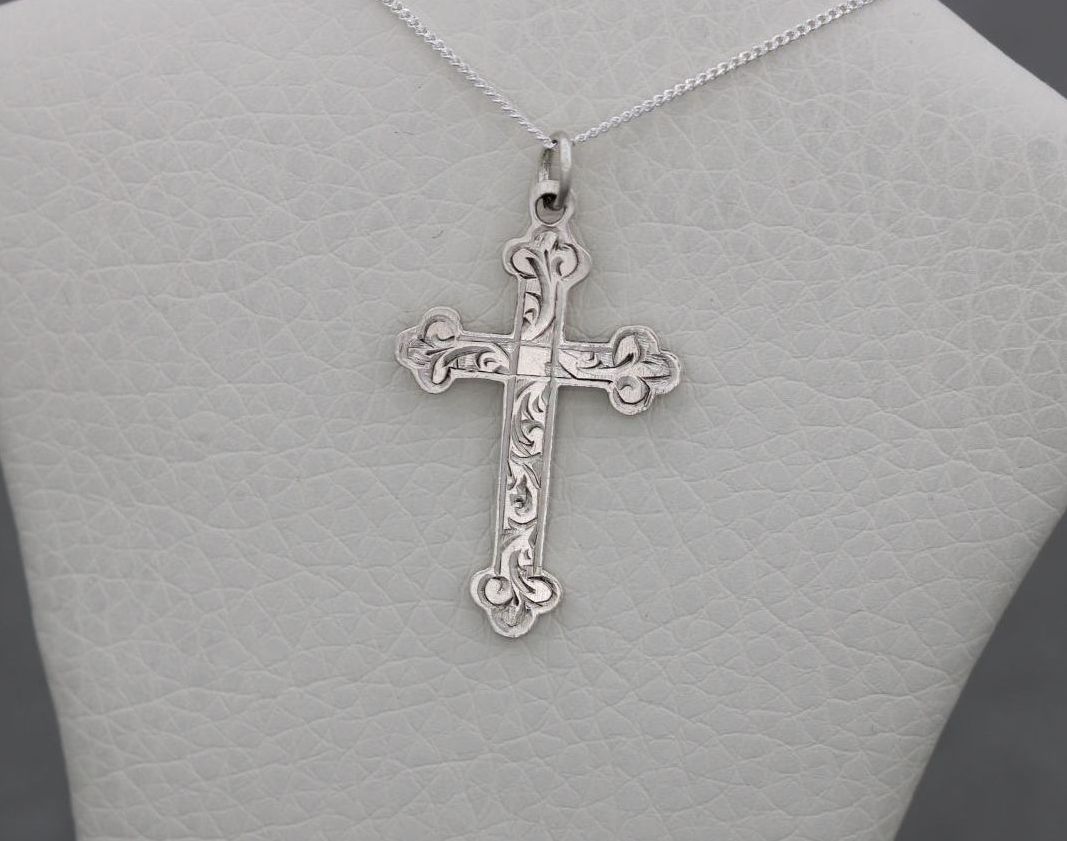 Small vintage sterling silver engraved cross necklace