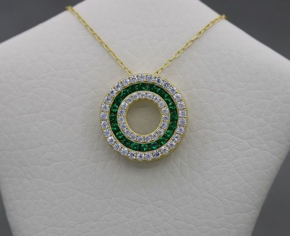 REFURBISHED Gilt sterling silver necklace with green & clear stones