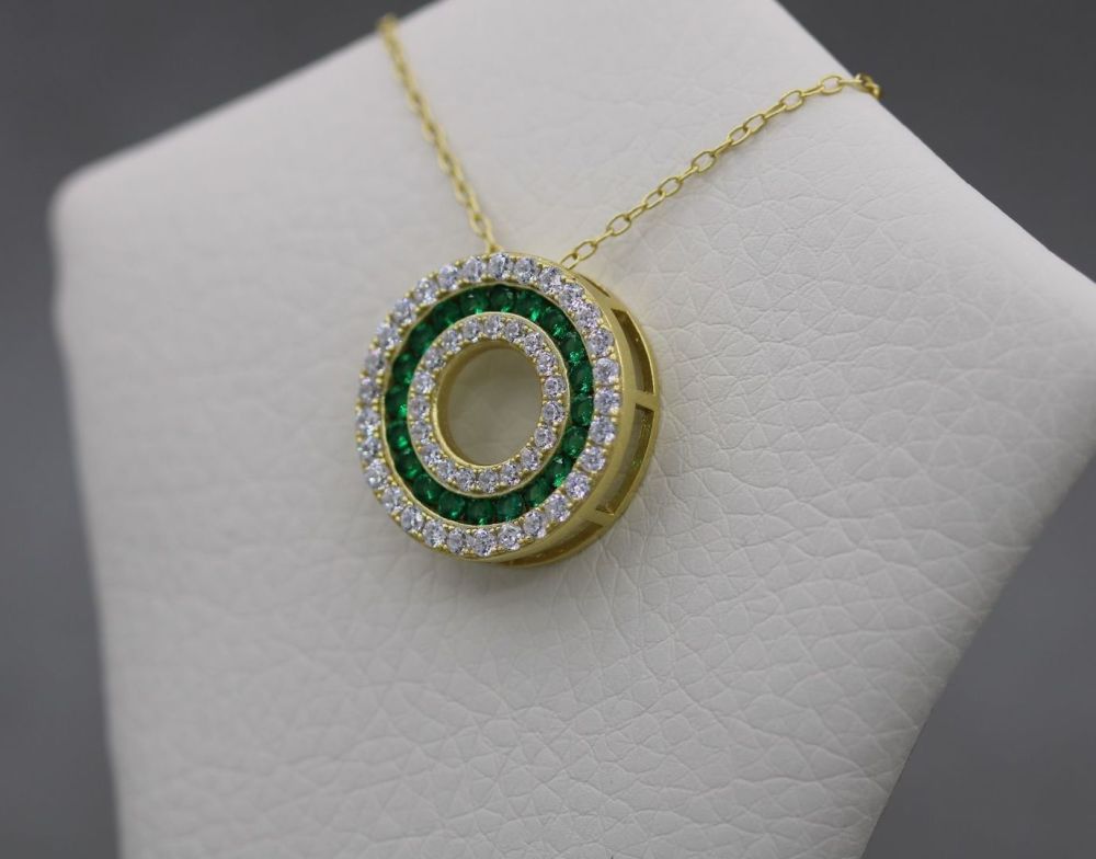 REFURBISHED Gilt sterling silver necklace with green & clear stones