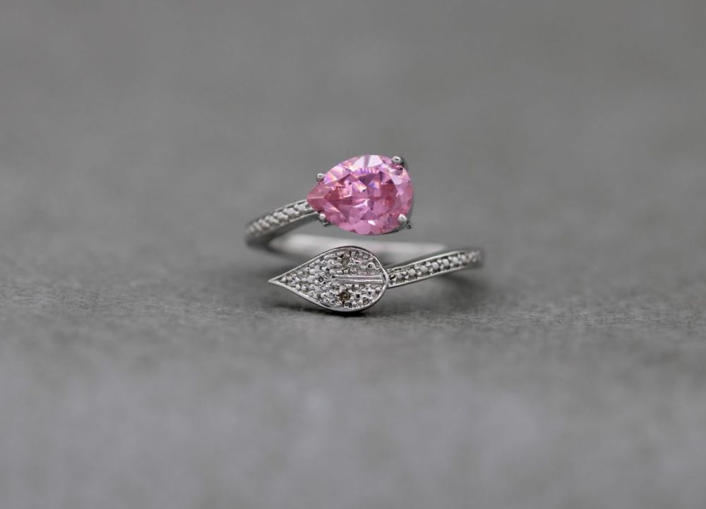 Sterling silver & pink stone bypass ring