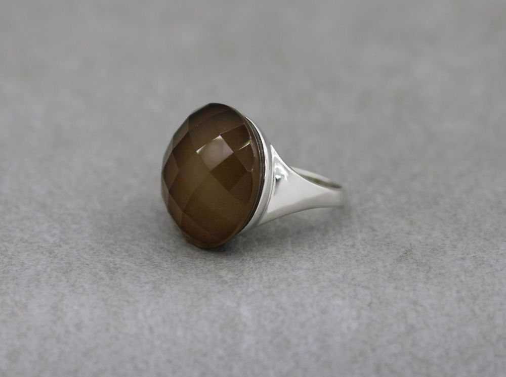 REFURBISHED Statement sterling silver & faceted smokey quartz ring (R)