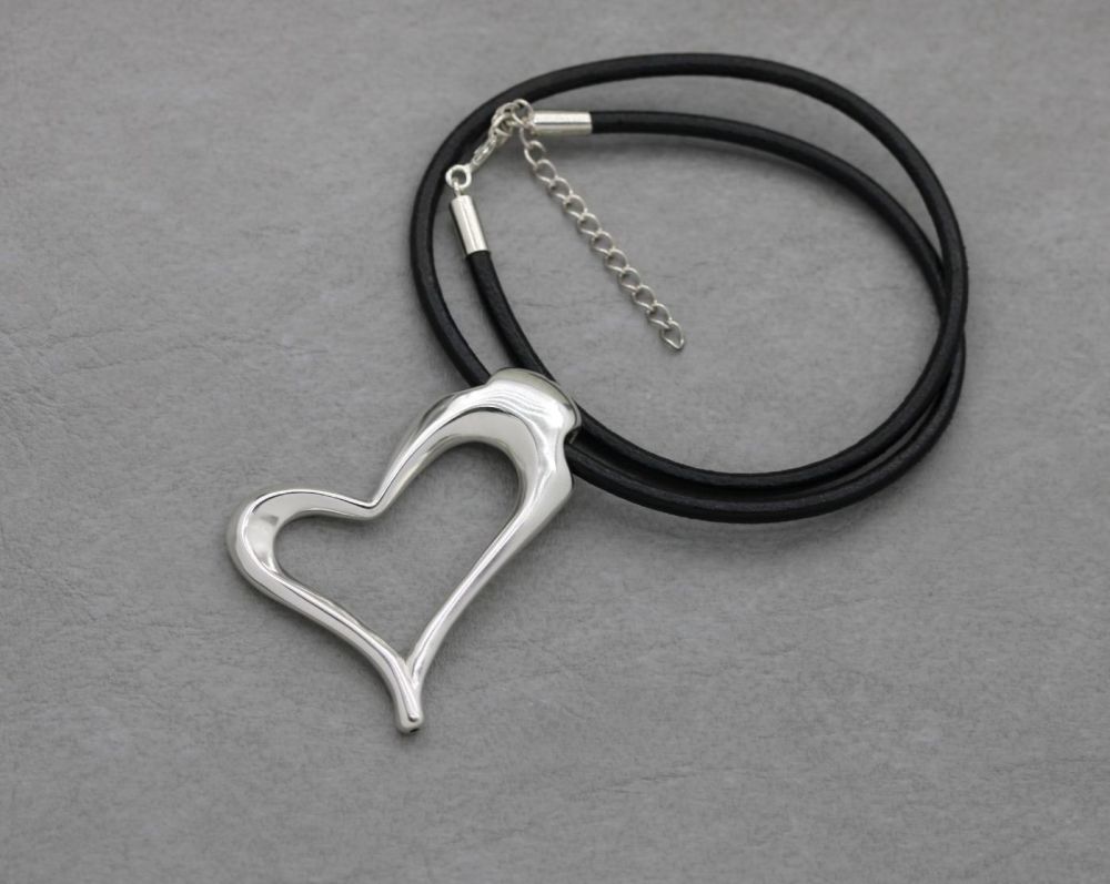 Large sterling silver & black leather thong heart necklace
