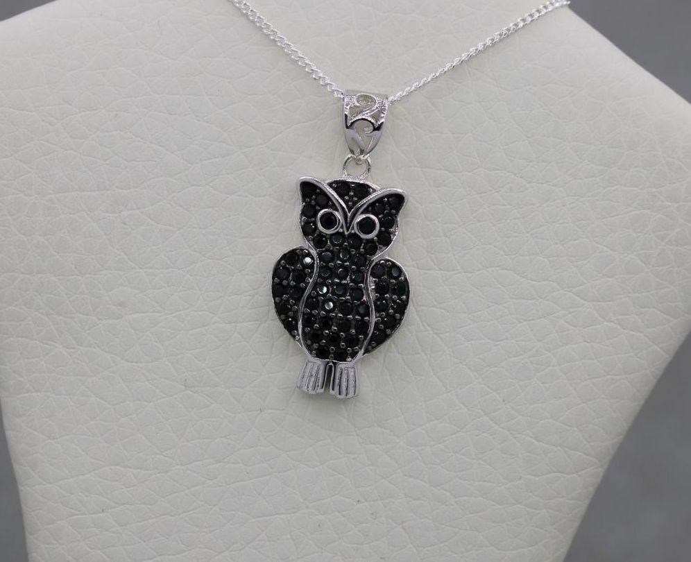 Sterling silver & black spinel owl necklace