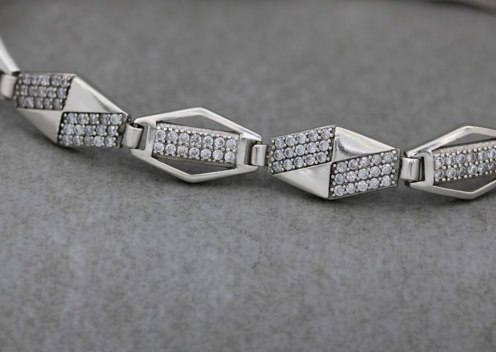 REFURBISHED Long geometric sterling silver & tiny clear stone bracelet