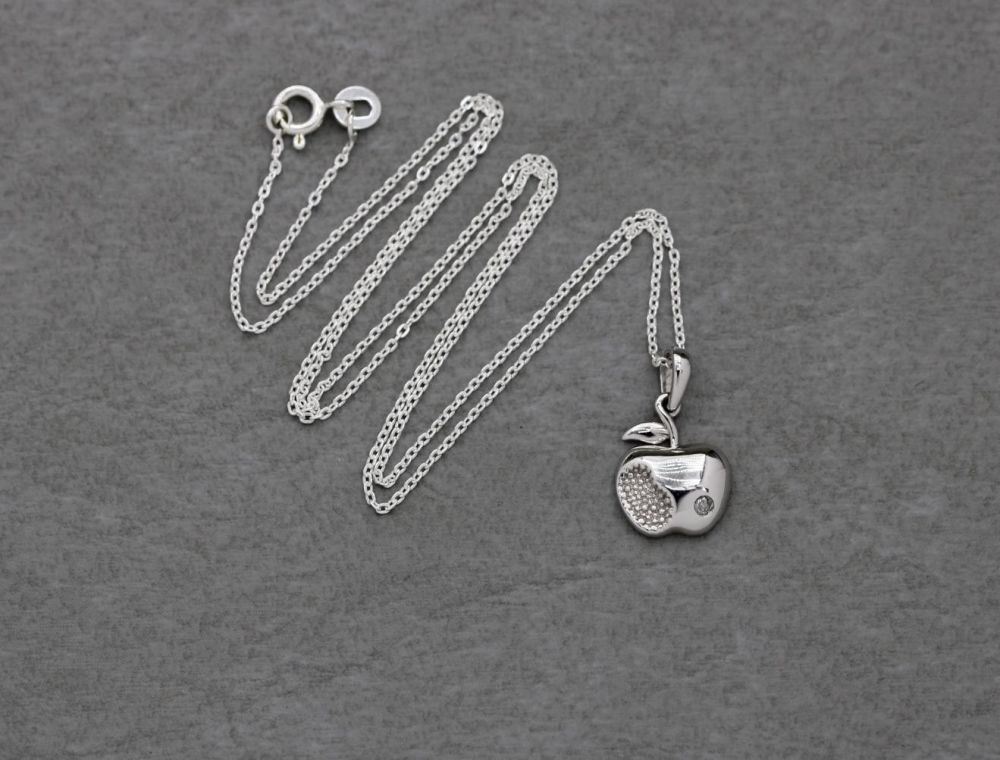 Tiny sterling silver & white topaz apple necklace