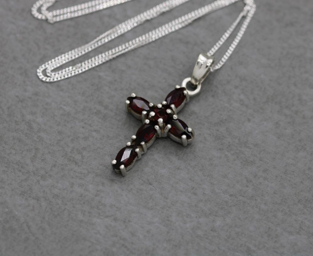 Small sterling silver & garnet cross necklace
