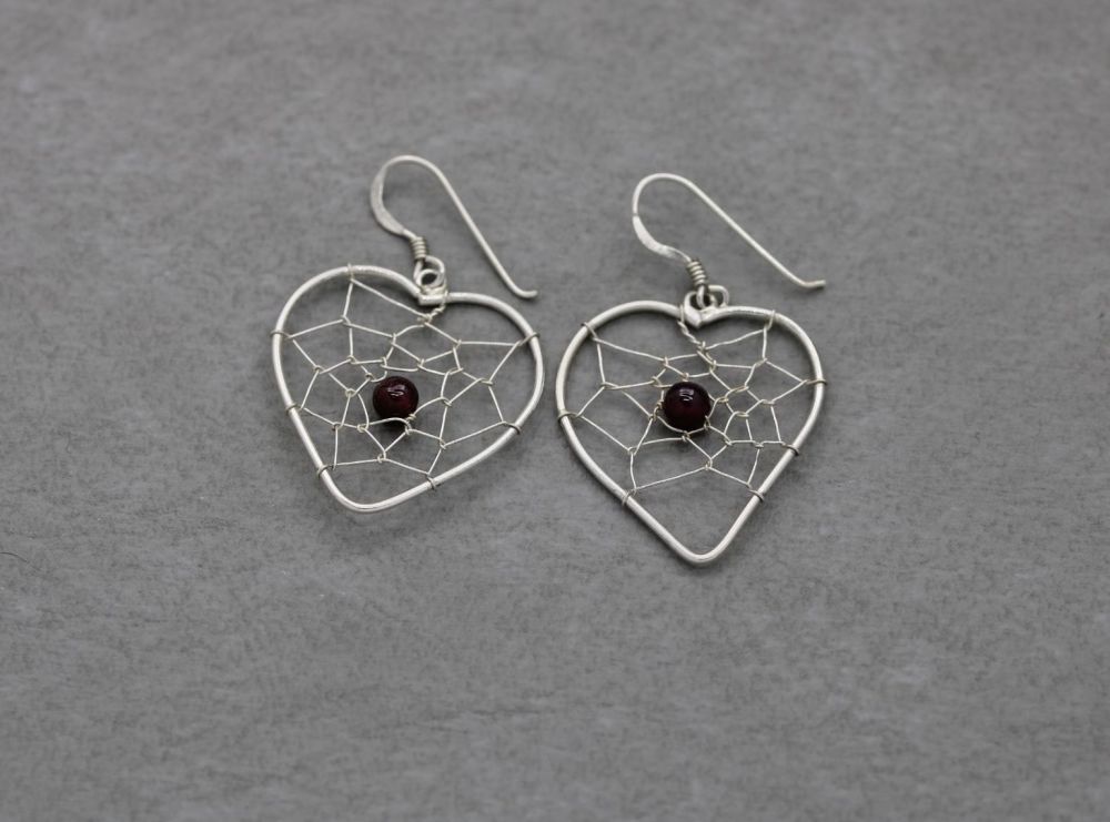 Heart shape sterling silver & garnet bead dream-catcher earrings