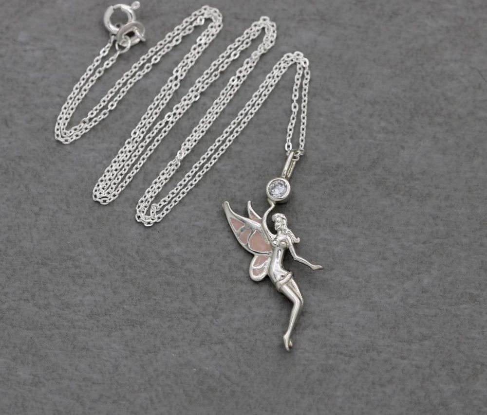 Sterling silver, pink enamel & clear stone fairy necklace