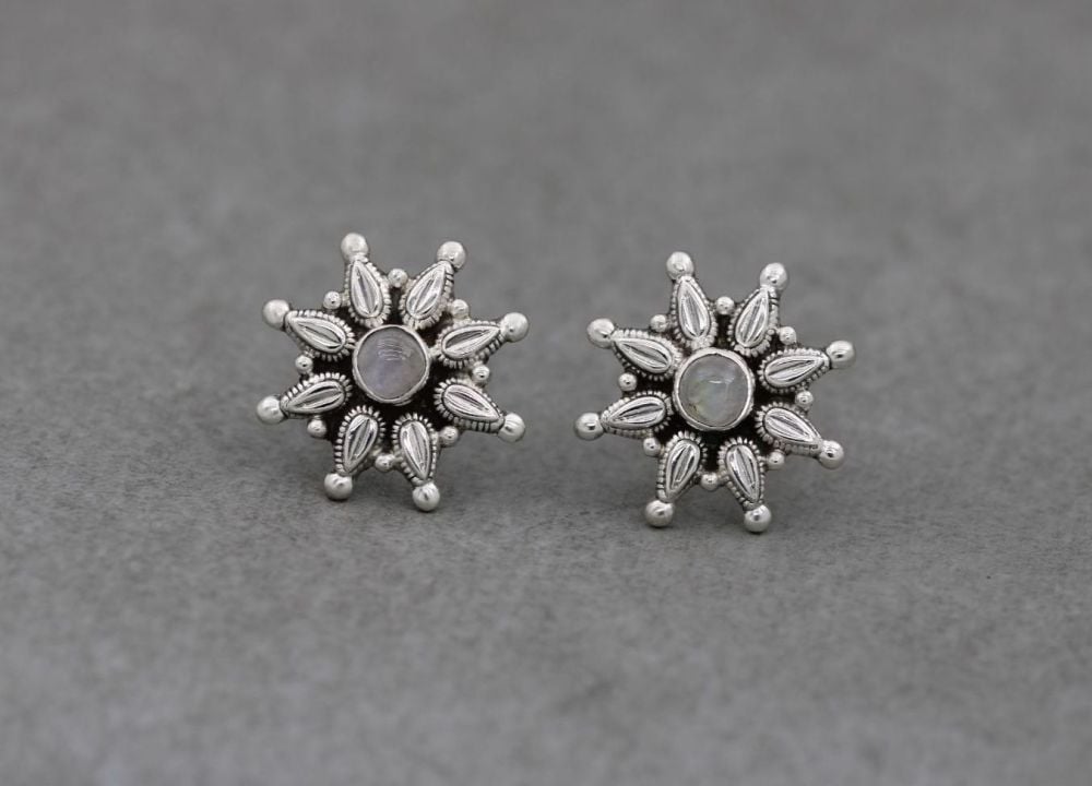 Handmade sterling silver & moonstone starburst earrings