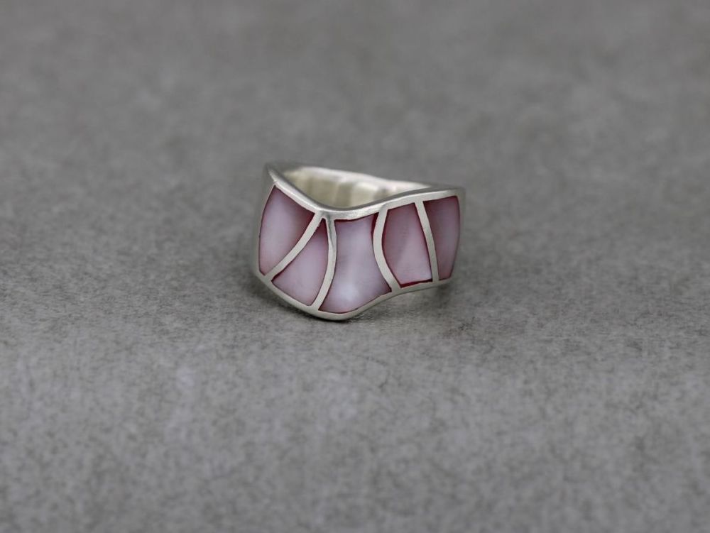 Wide sterling silver & pink mother of pearl ring